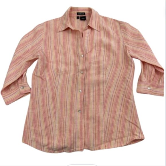 Willi Smith Linen Pink Stripe 3/4 Sleeve Blouse, M - Picture 1 of 9